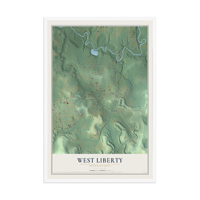 Map of West Liberty, Pennsylvania, 12 x 18 inch print in a white wood frame