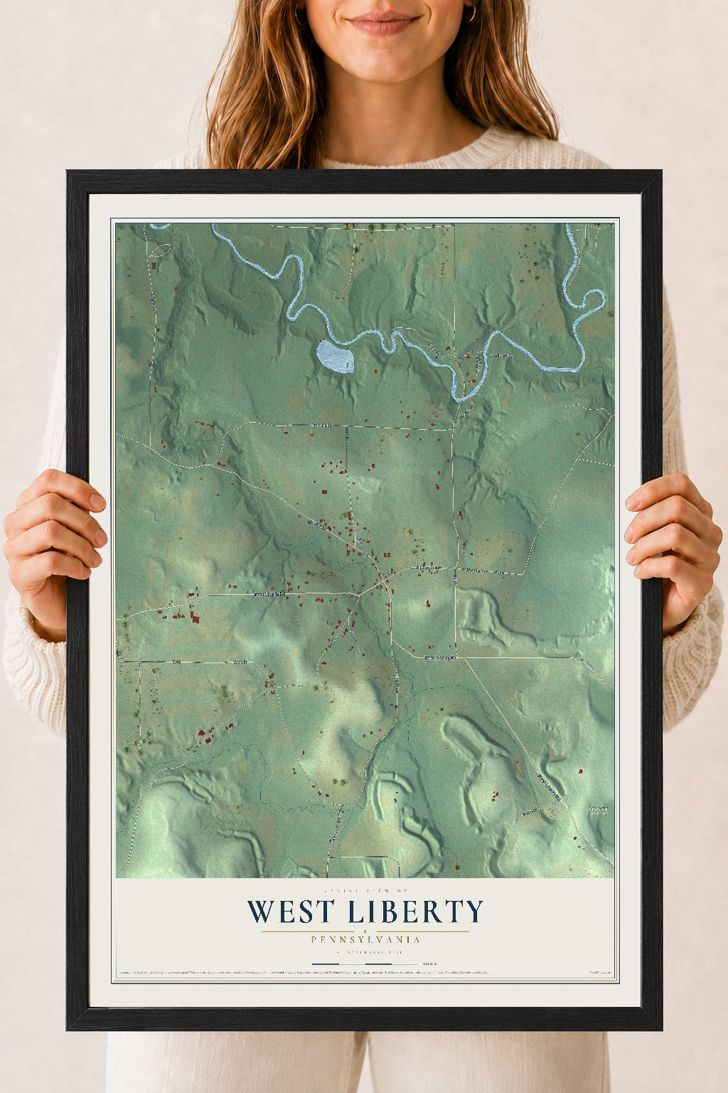 Map of West Liberty, Pennsylvania, 18 x 24 inch print in a black wood frame