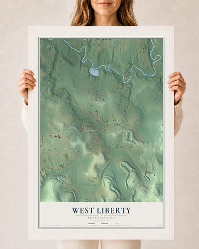 Map of West Liberty, Pennsylvania, 24 x 36 inch print in a white wood frame