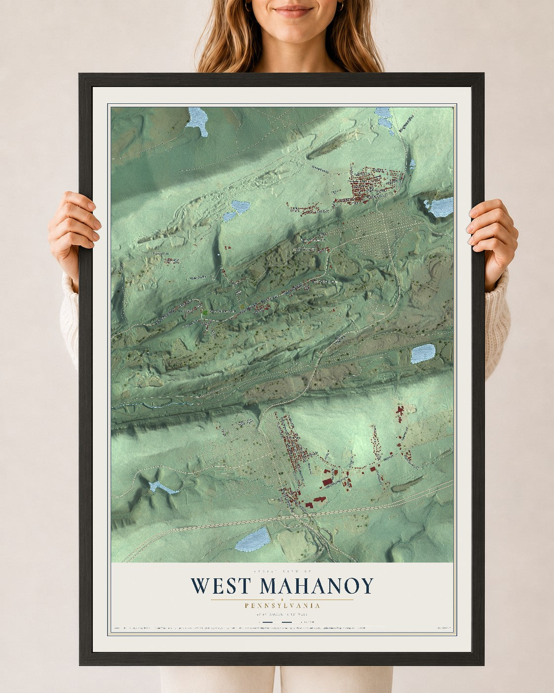 Map of West Mahanoy, Pennsylvania, 24 x 36 inch print in a black wood frame