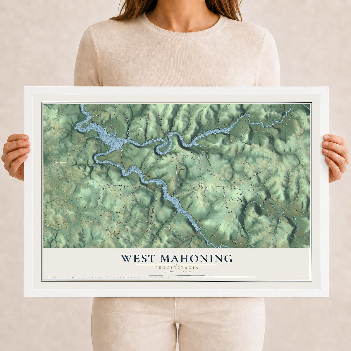 Map of West Mahoning, Pennsylvania, 12 x 18 inch print in a white wood frame