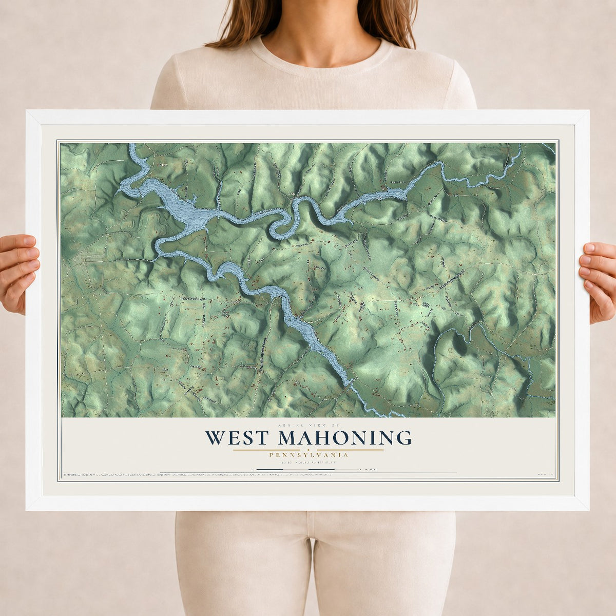 Map of West Mahoning, Pennsylvania, 18 x 24 inch print in a white wood frame