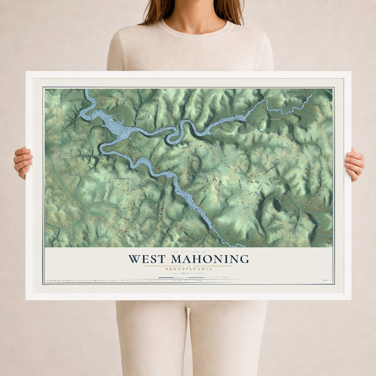 Map of West Mahoning, Pennsylvania, 24 x 36 inch print in a white wood frame