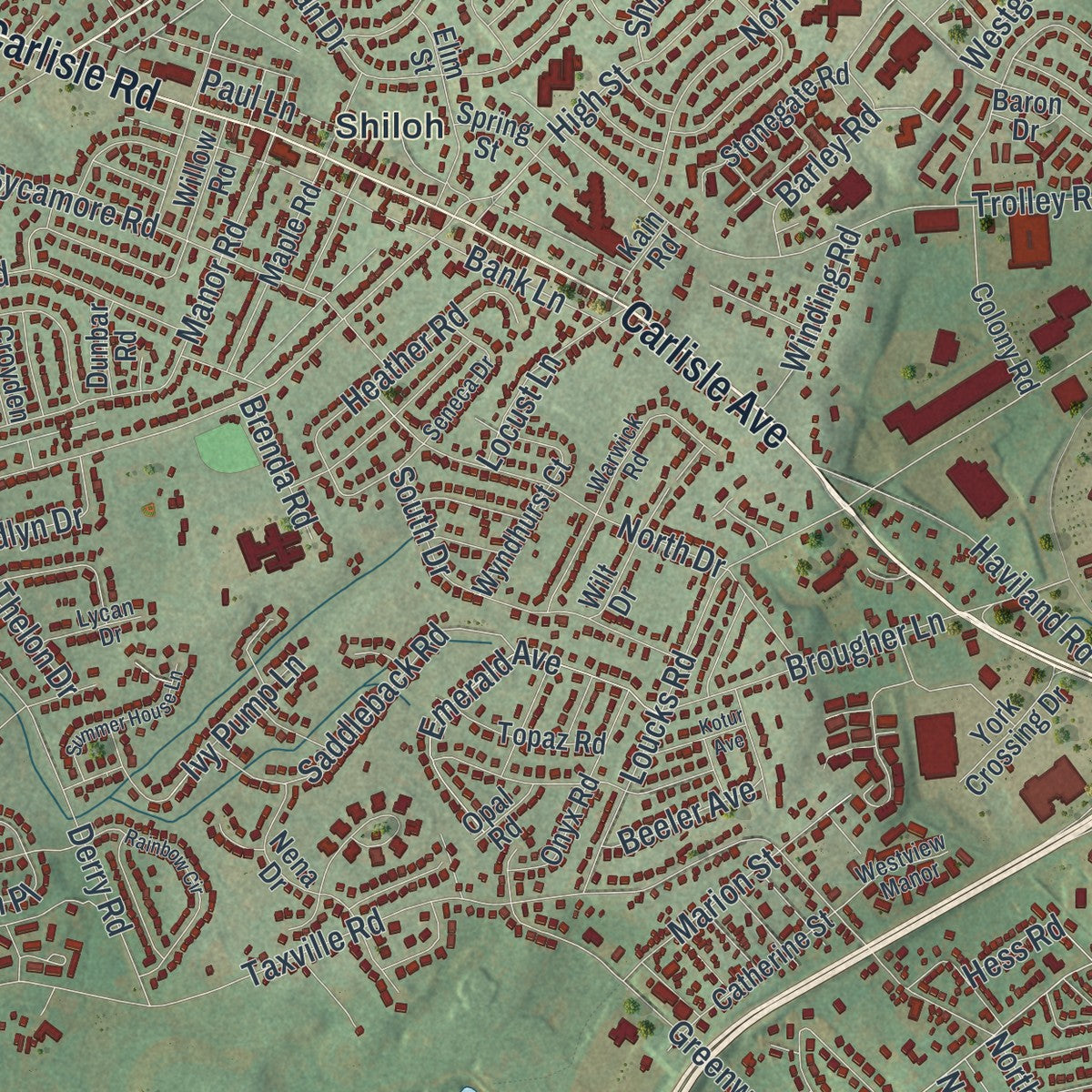 Close-up of the map of West Manchester, Pennsylvania print showing street and building detail