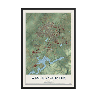 Map of West Manchester, Pennsylvania, 12 x 18 inch print in a black wood frame