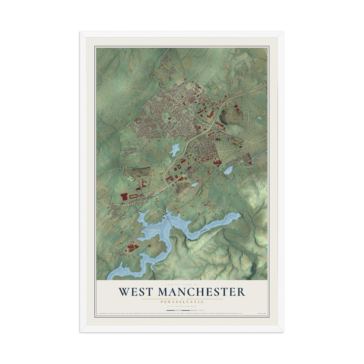 Map of West Manchester, Pennsylvania, 12 x 18 inch print in a white wood frame