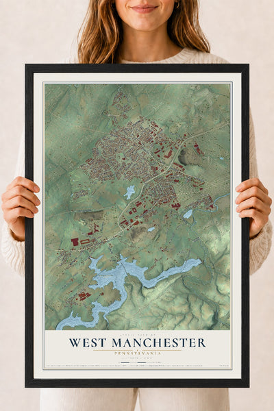 Map of West Manchester, Pennsylvania, 18 x 24 inch print in a black wood frame