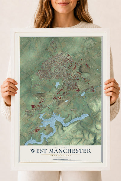 Map of West Manchester, Pennsylvania, 18 x 24 inch print in a white wood frame