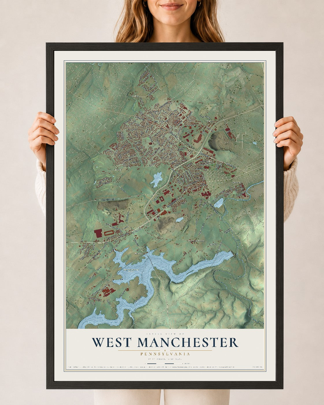Map of West Manchester, Pennsylvania, 24 x 36 inch print in a black wood frame