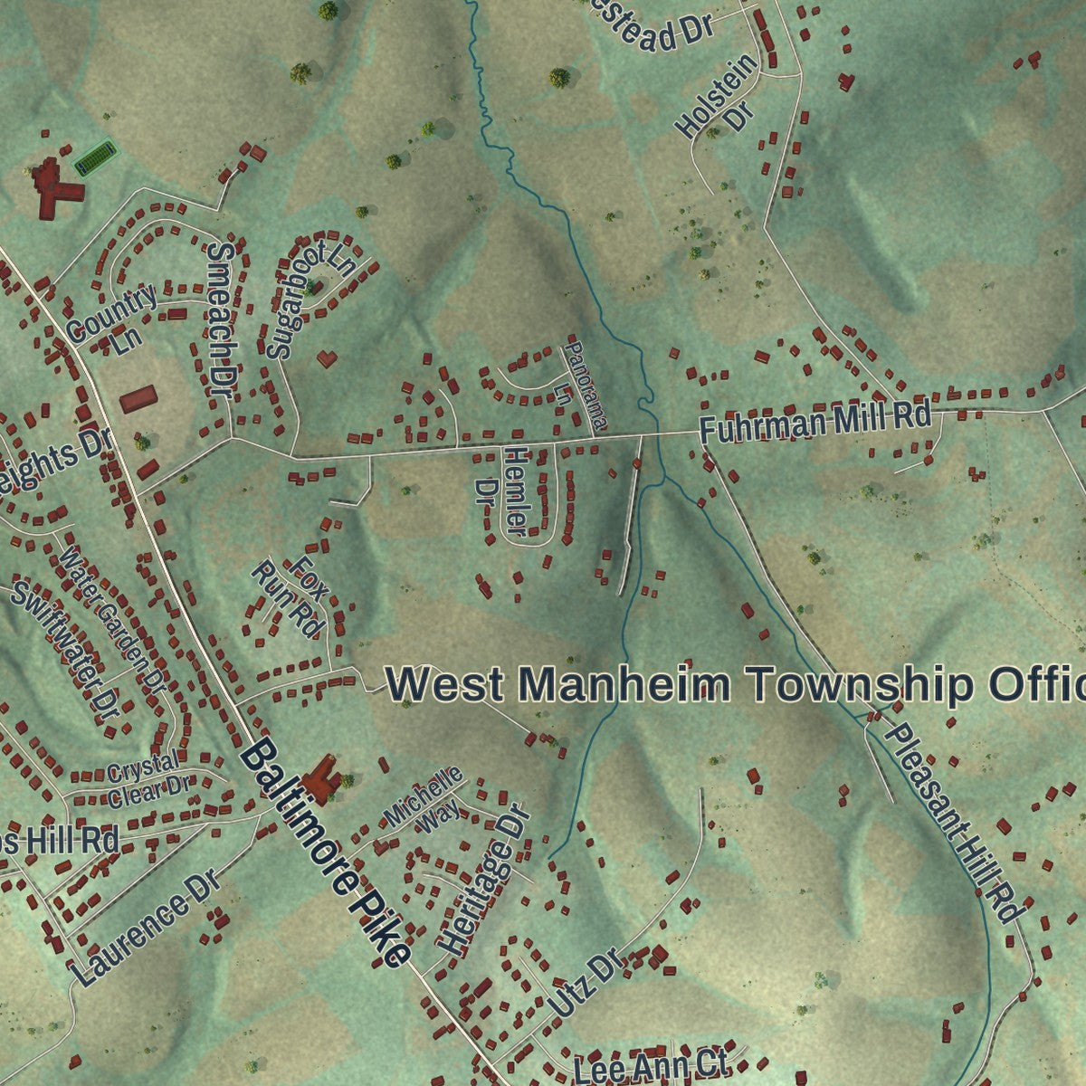 Close-up of the map of West Manheim, Pennsylvania print showing street and building detail