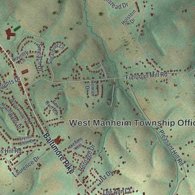 Close-up of the map of West Manheim, Pennsylvania print showing street and building detail