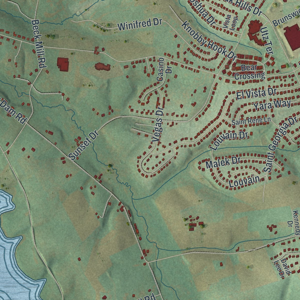 Second close-up of the map of West Manheim, Pennsylvania print showing more streets and buildings