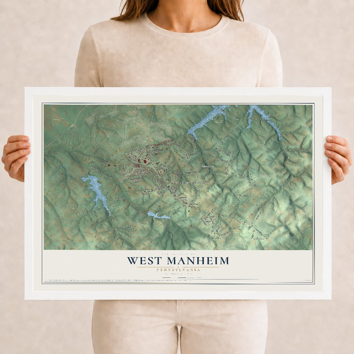 Map of West Manheim, Pennsylvania, 12 x 18 inch print in a white wood frame
