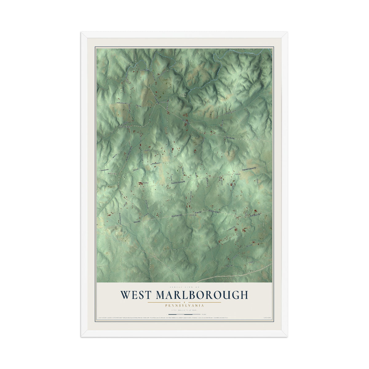 Map of West Marlborough, Pennsylvania, 12 x 18 inch print in a white wood frame
