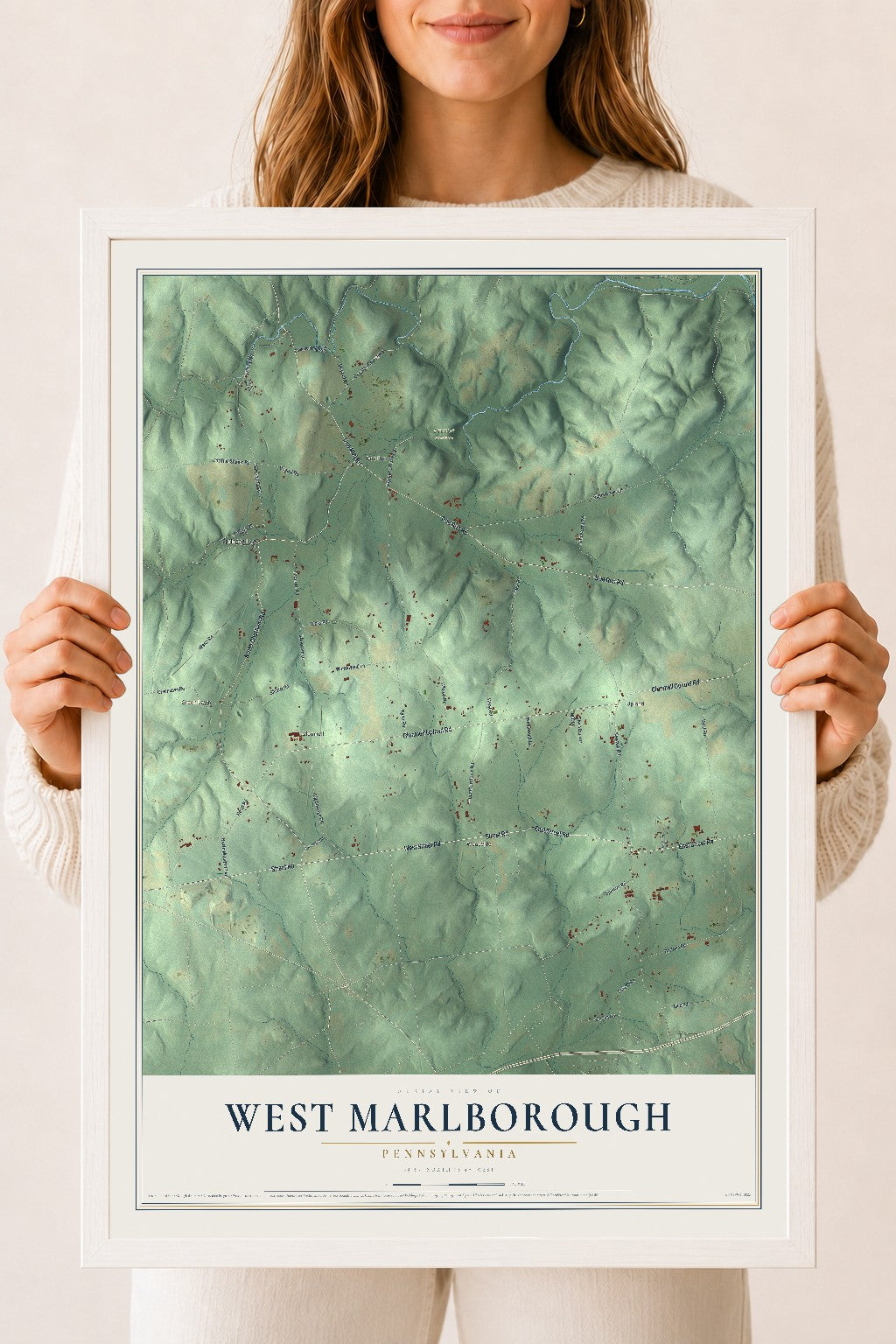 Map of West Marlborough, Pennsylvania, 18 x 24 inch print in a white wood frame