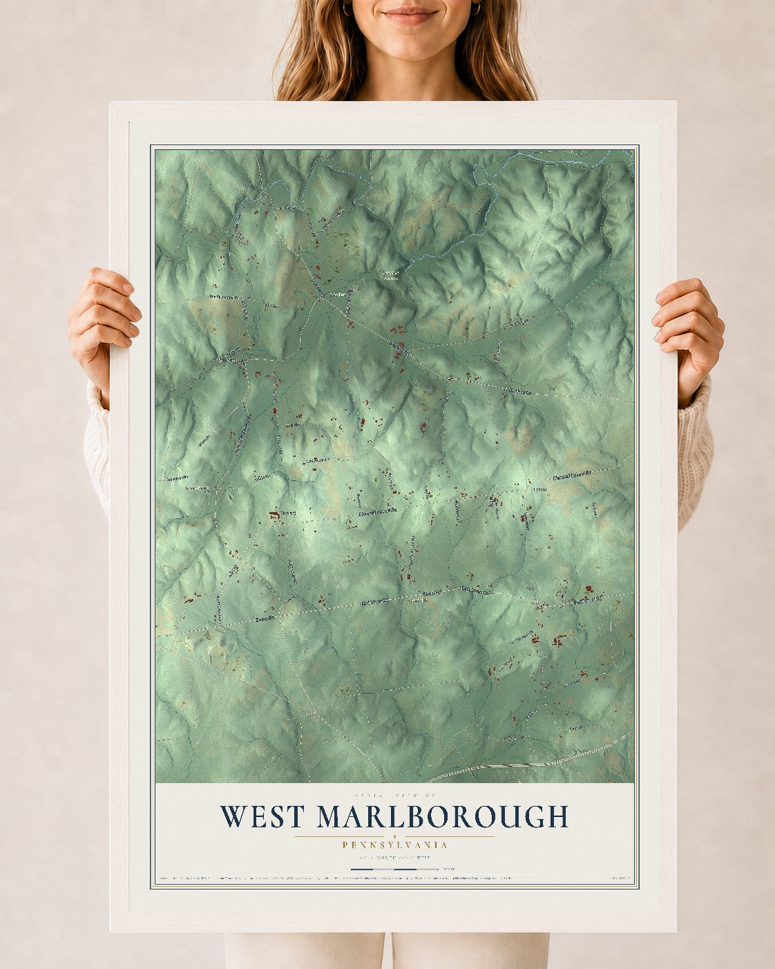 Map of West Marlborough, Pennsylvania, 24 x 36 inch print in a white wood frame