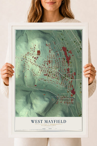Map of West Mayfield, Pennsylvania, 18 x 24 inch print in a white wood frame
