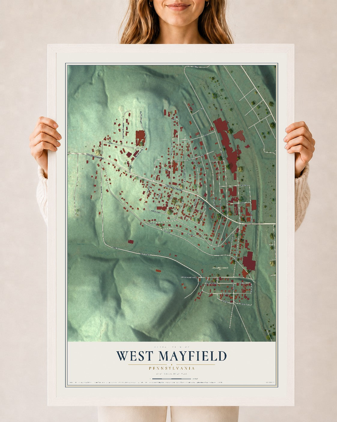Map of West Mayfield, Pennsylvania, 24 x 36 inch print in a white wood frame