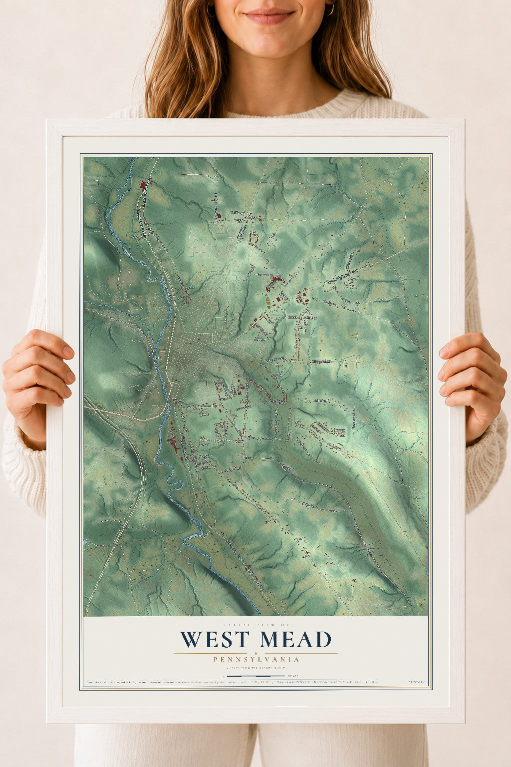 Map of West Mead, Pennsylvania, 18 x 24 inch print in a white wood frame