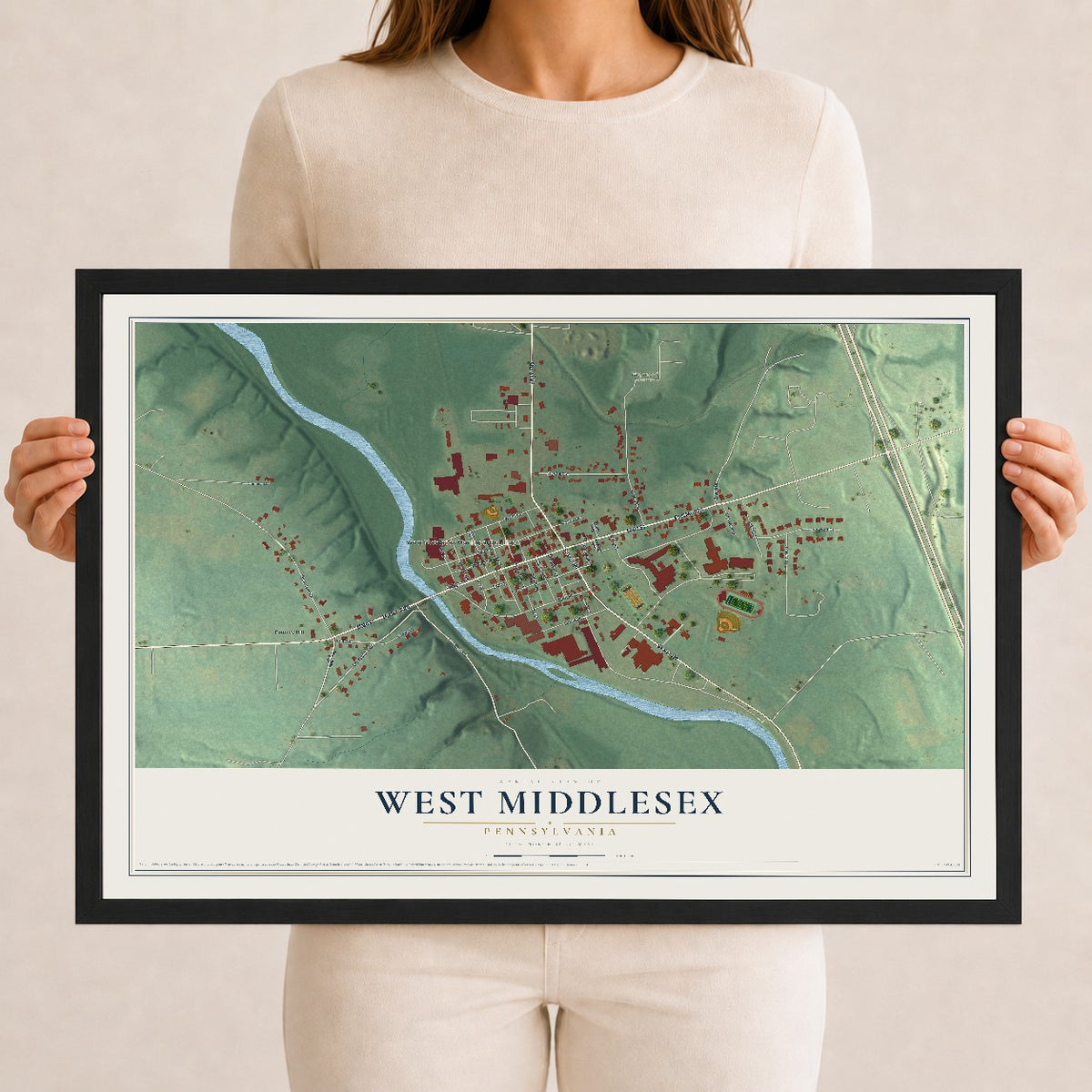 Map of West Middlesex, Pennsylvania, 12 x 18 inch print in a black wood frame