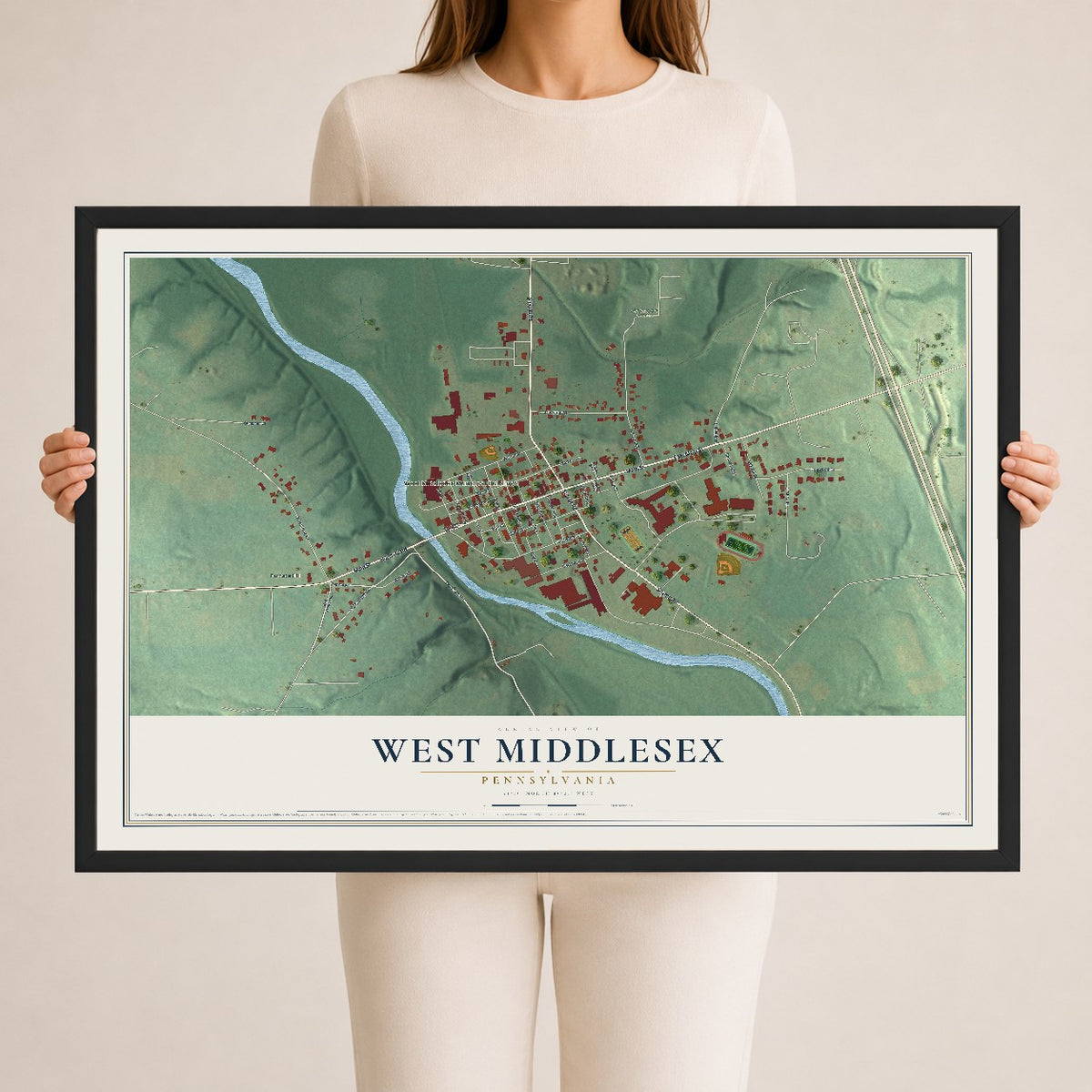 Map of West Middlesex, Pennsylvania, 24 x 36 inch print in a black wood frame