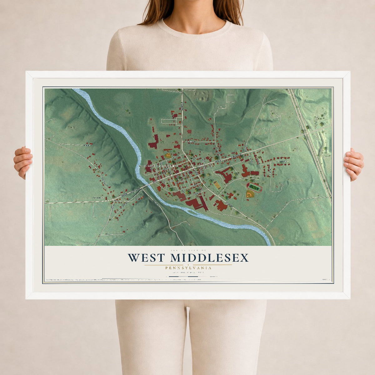 Map of West Middlesex, Pennsylvania, 24 x 36 inch print in a white wood frame