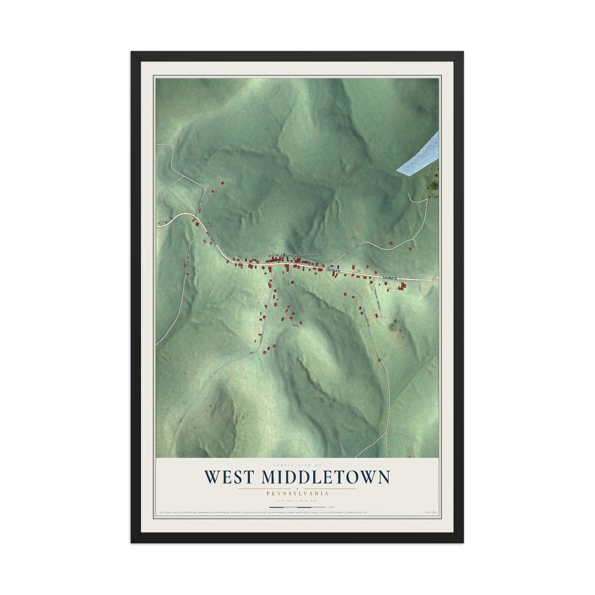 Map of West Middletown, Pennsylvania, 12 x 18 inch print in a black wood frame