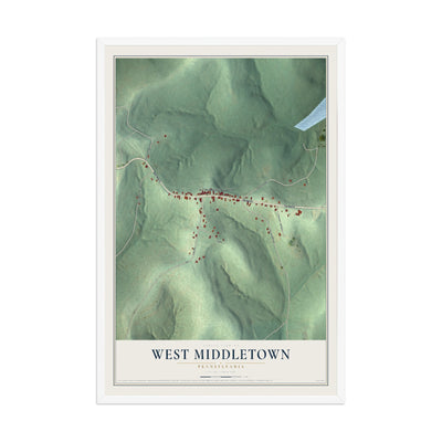 Map of West Middletown, Pennsylvania, 12 x 18 inch print in a white wood frame