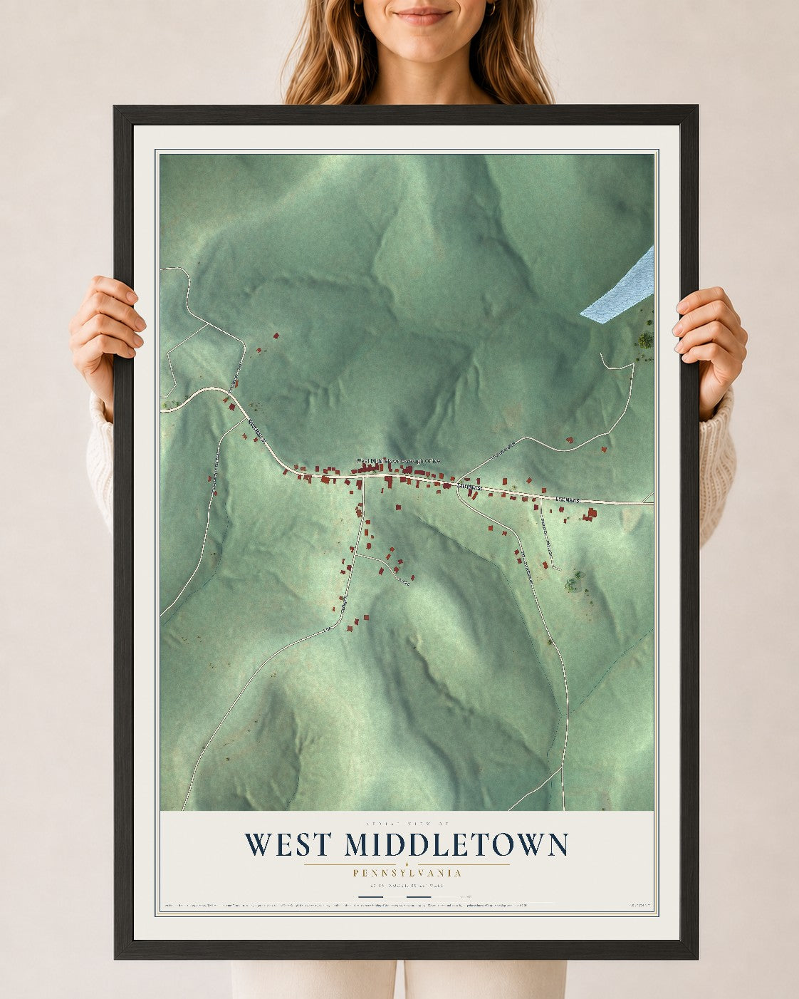 Map of West Middletown, Pennsylvania, 24 x 36 inch print in a black wood frame