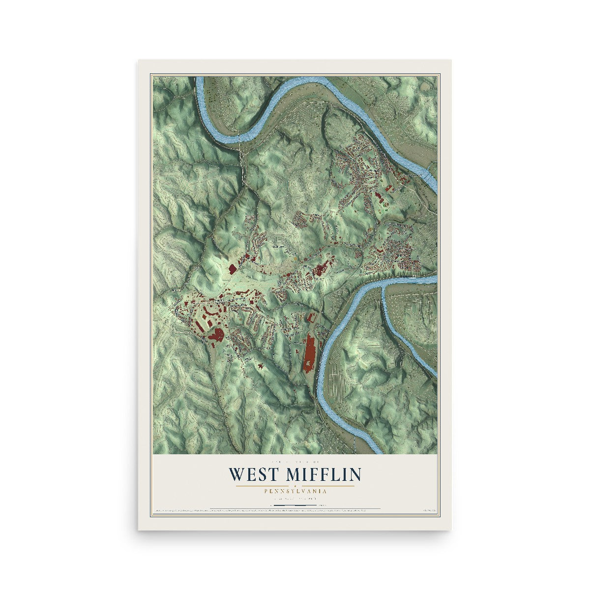 Map of West Mifflin, Pennsylvania, 12 x 18 inch unframed archival matte print