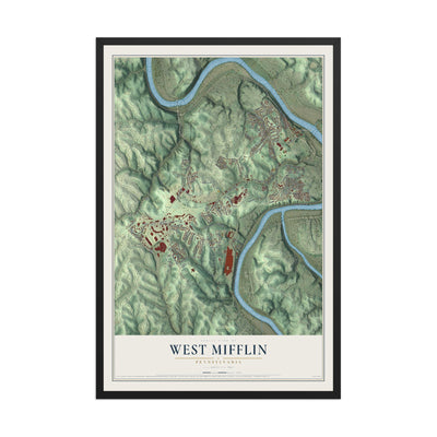 Map of West Mifflin, Pennsylvania, 12 x 18 inch print in a black wood frame
