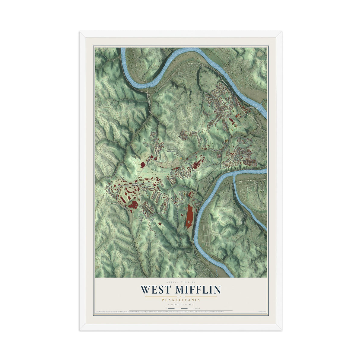 Map of West Mifflin, Pennsylvania, 12 x 18 inch print in a white wood frame