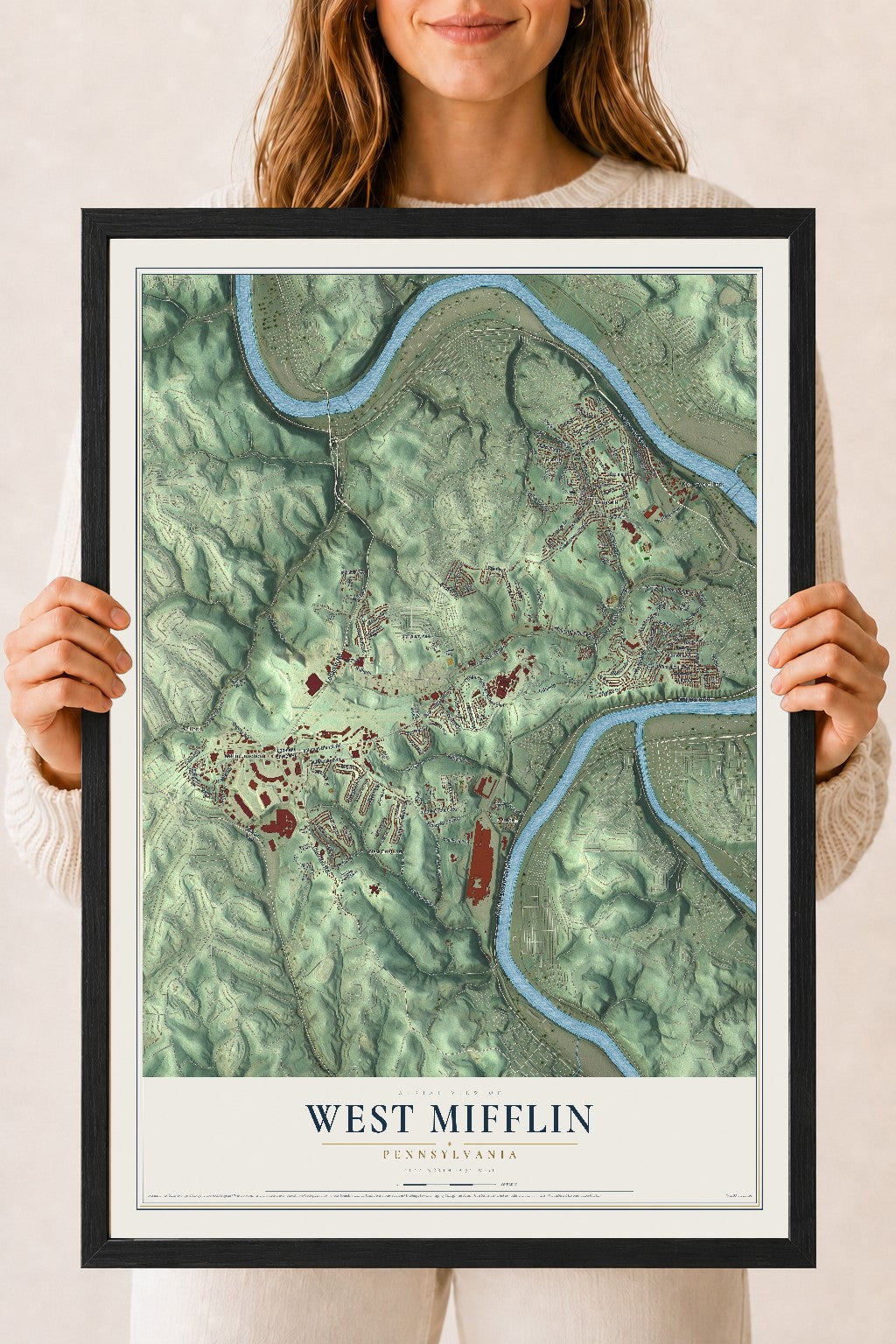Map of West Mifflin, Pennsylvania, 18 x 24 inch print in a black wood frame