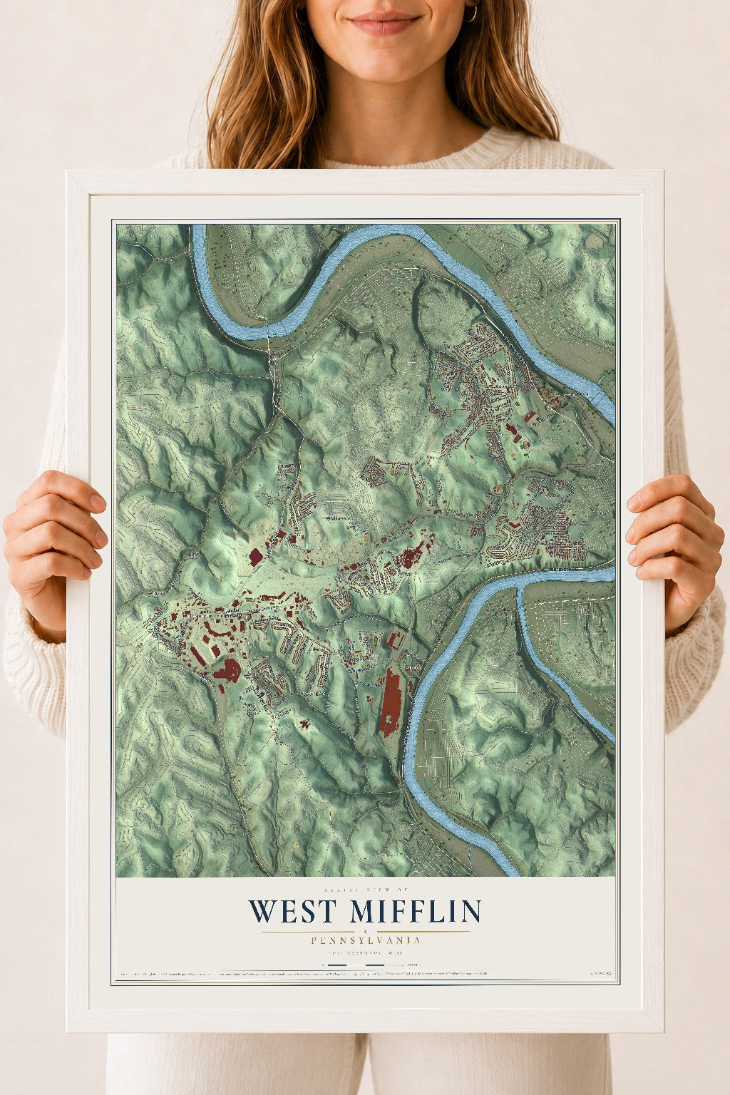 Map of West Mifflin, Pennsylvania, 18 x 24 inch print in a white wood frame