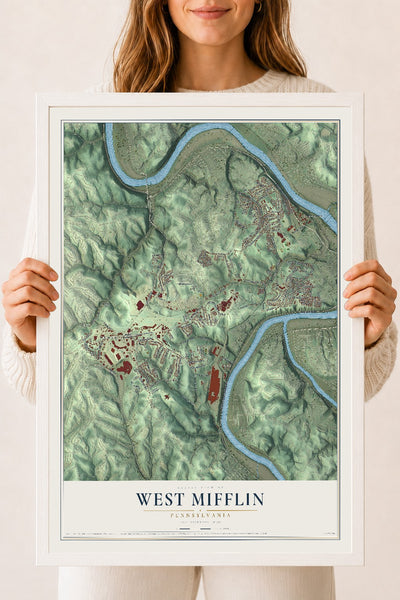 Map of West Mifflin, Pennsylvania, 18 x 24 inch print in a white wood frame