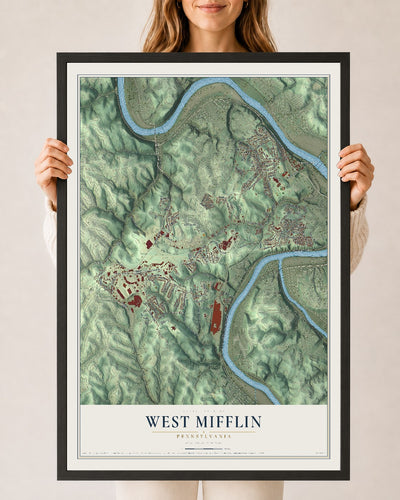 Map of West Mifflin, Pennsylvania, 24 x 36 inch print in a black wood frame