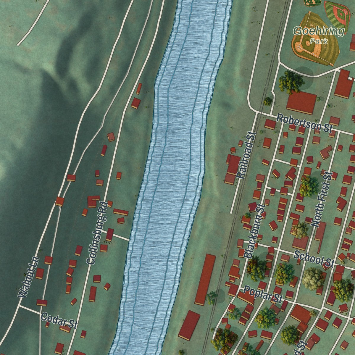 Second close-up of the map of West Newton, Pennsylvania print showing more streets and buildings