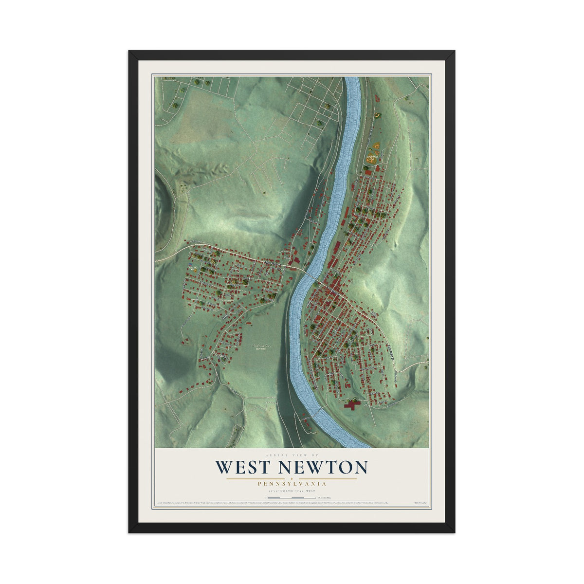 Map of West Newton, Pennsylvania, 12 x 18 inch print in a black wood frame