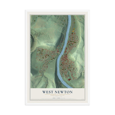 Map of West Newton, Pennsylvania, 12 x 18 inch print in a white wood frame