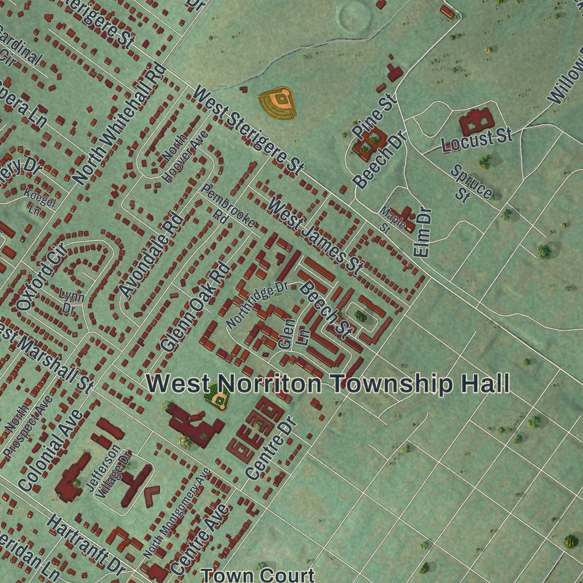 Second close-up of the map of West Norriton, Pennsylvania print showing more streets and buildings