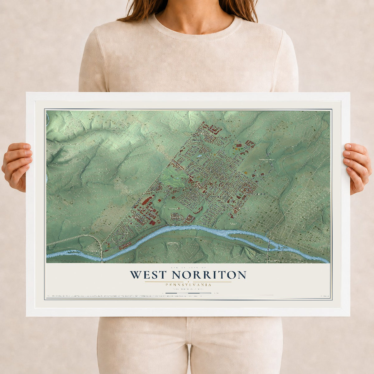 Map of West Norriton, Pennsylvania, 12 x 18 inch print in a white wood frame