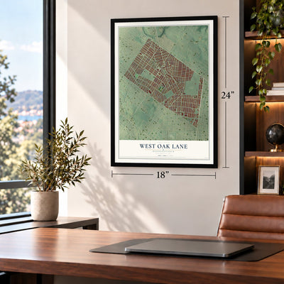 West Oak Lane, Pennsylvania map, 18 x 24 inch print in a black frame in a home office
