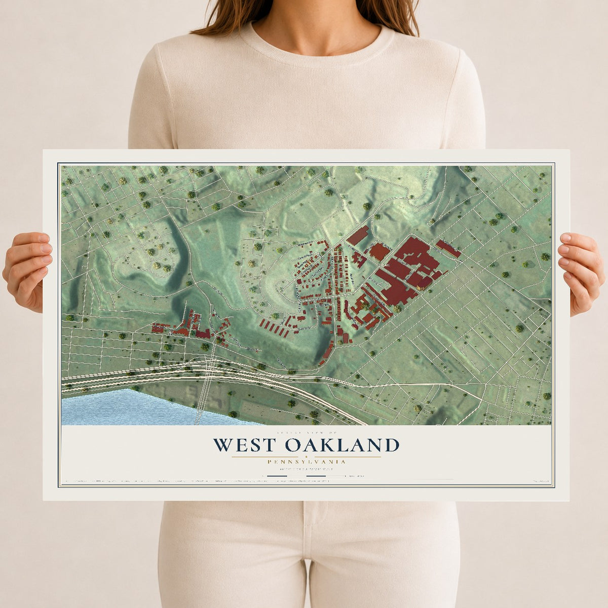 Map of West Oakland, Pennsylvania, 12 x 18 inch unframed archival matte print