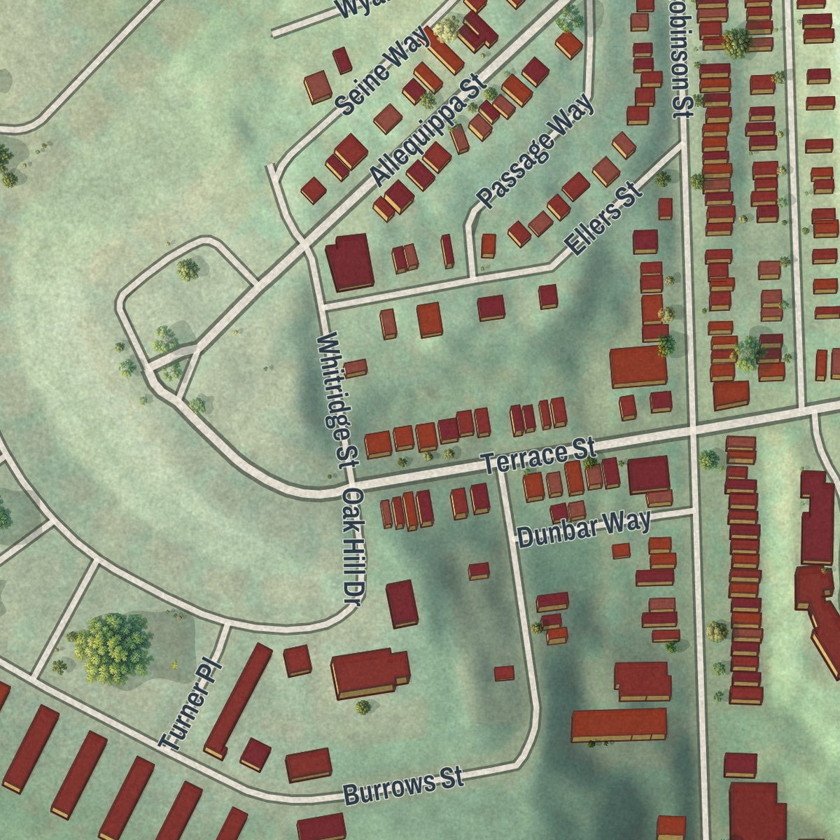 Second close-up of the map of West Oakland, Pennsylvania print showing more streets and buildings