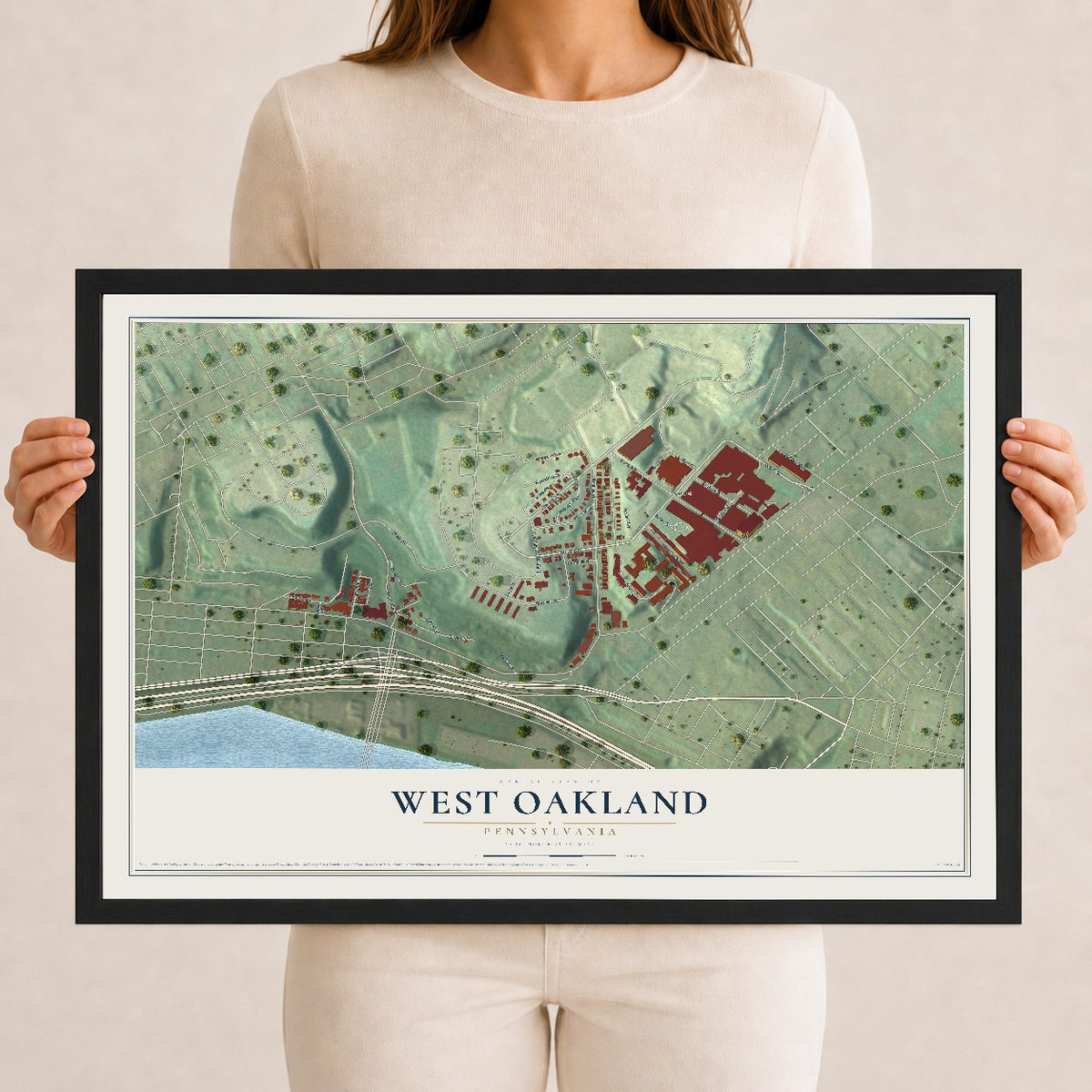Map of West Oakland, Pennsylvania, 12 x 18 inch print in a black wood frame