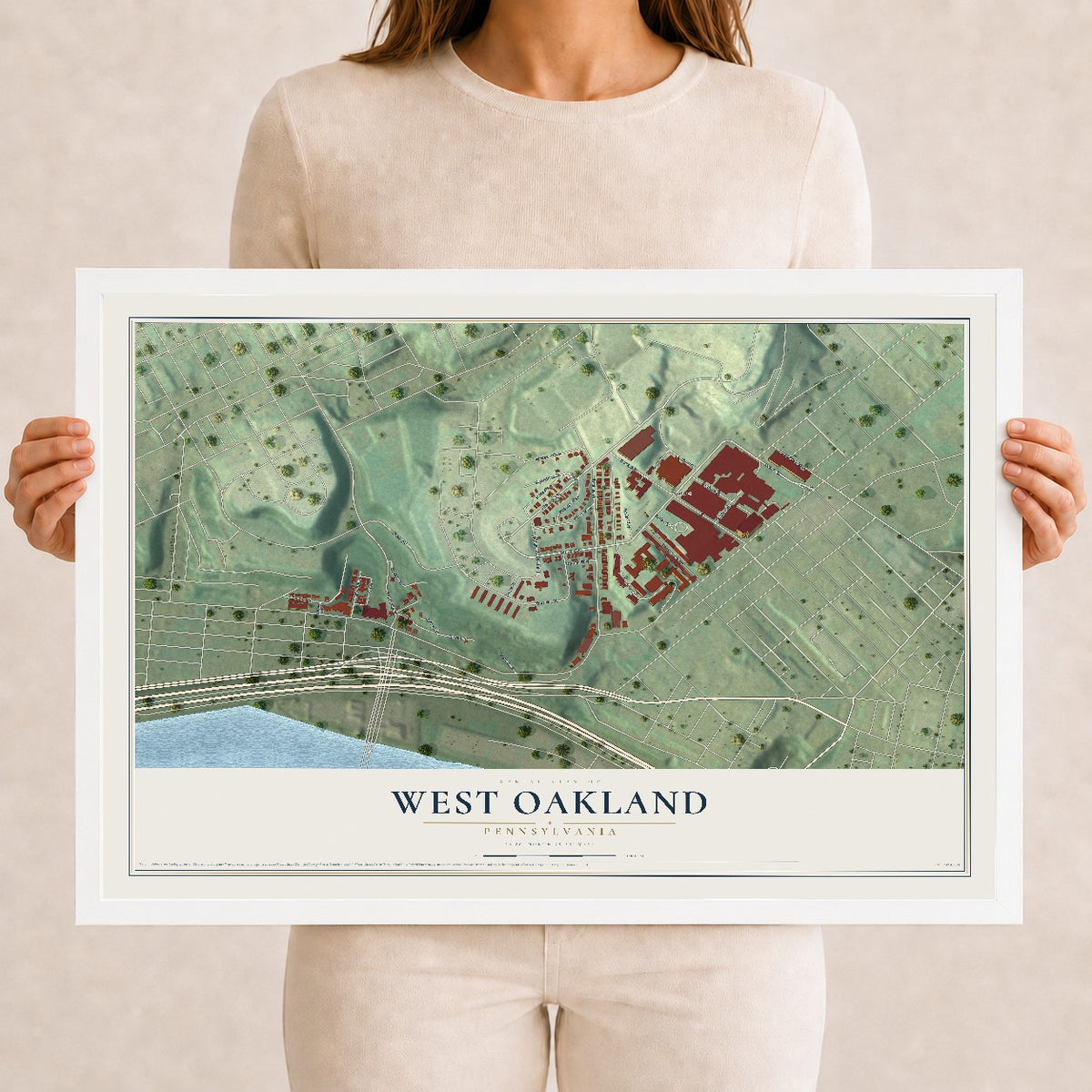 Map of West Oakland, Pennsylvania, 12 x 18 inch print in a white wood frame