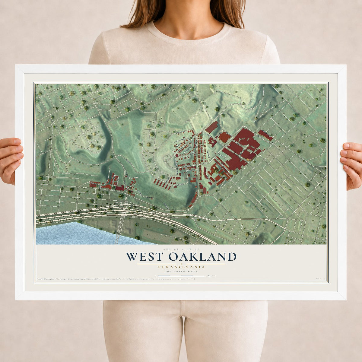 Map of West Oakland, Pennsylvania, 18 x 24 inch print in a white wood frame