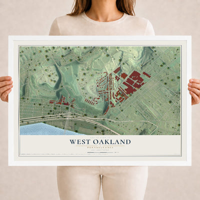 Map of West Oakland, Pennsylvania, 18 x 24 inch print in a white wood frame
