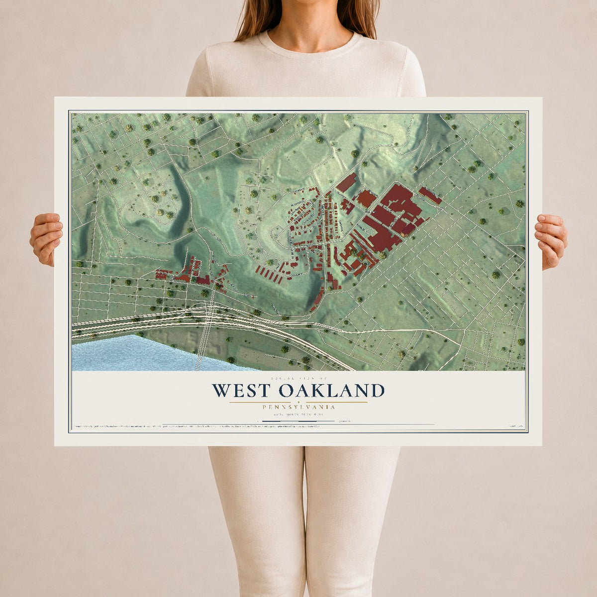 Map of West Oakland, Pennsylvania, 24 x 36 inch unframed archival matte print