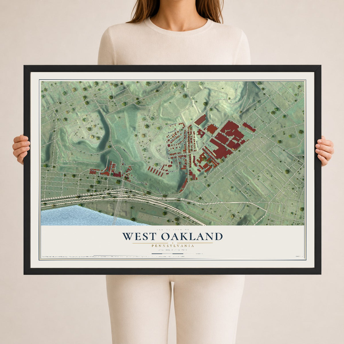 Map of West Oakland, Pennsylvania, 24 x 36 inch print in a black wood frame